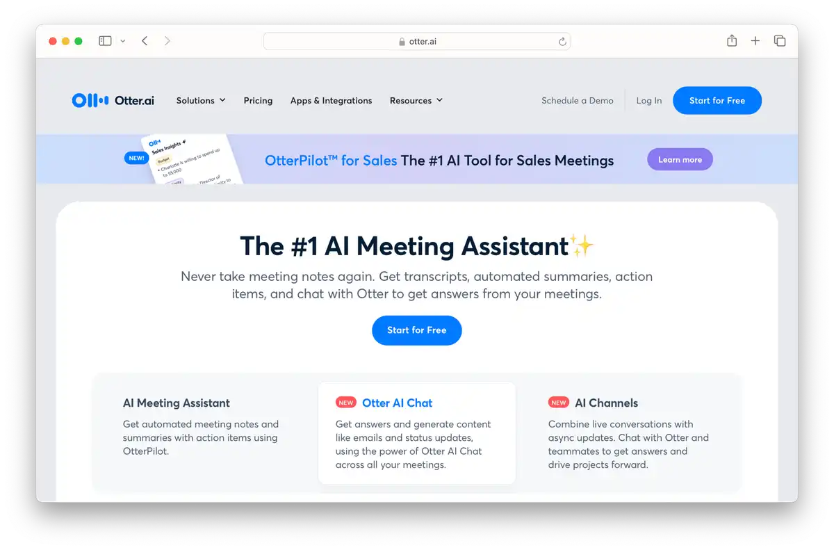 Screenshot of Otter's landing page