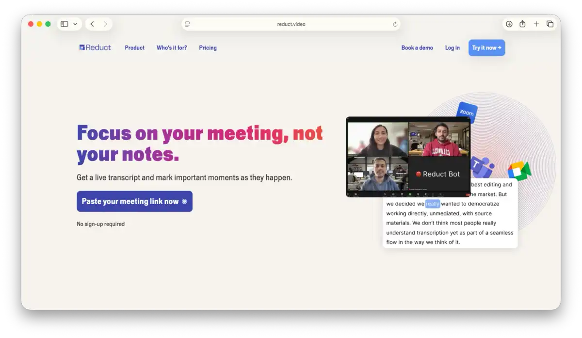 Screenshot of the Reduct Landing page
