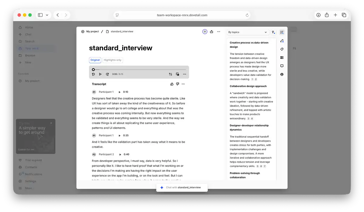 Dovetail transcript interface