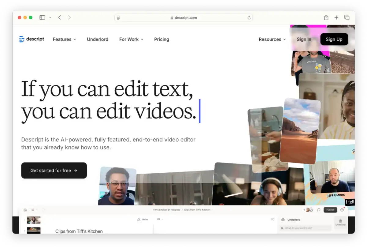 screenshot of Descript landing page