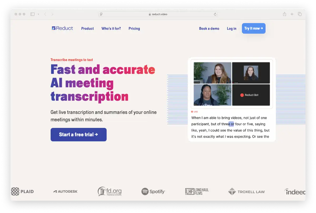 Screenshot of Reduct landing page