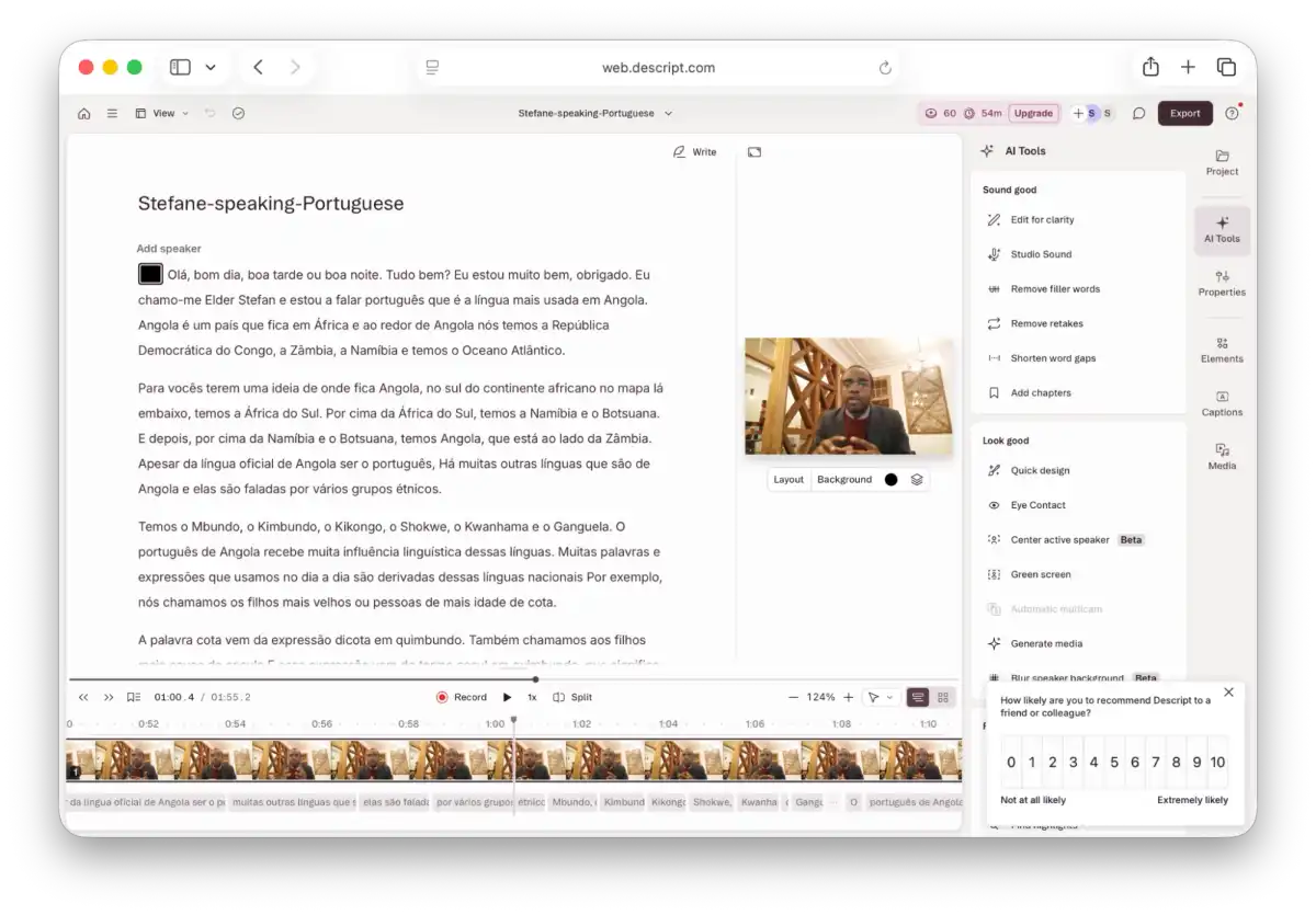 Descript transcript interface