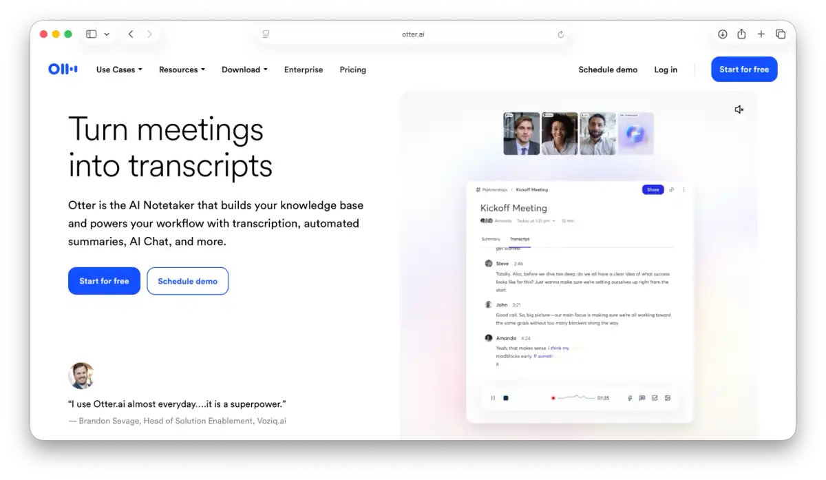 Screenshot of the Otter.ai Landing page