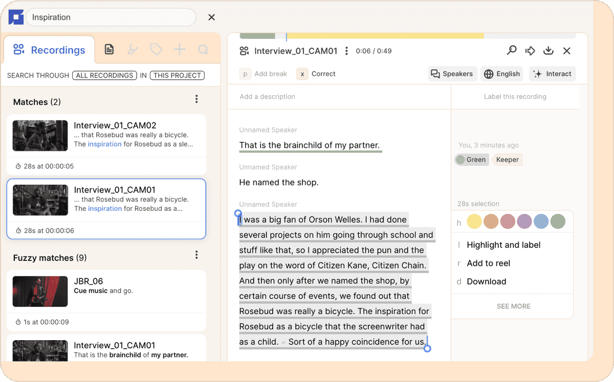 the search results UI in Reduct