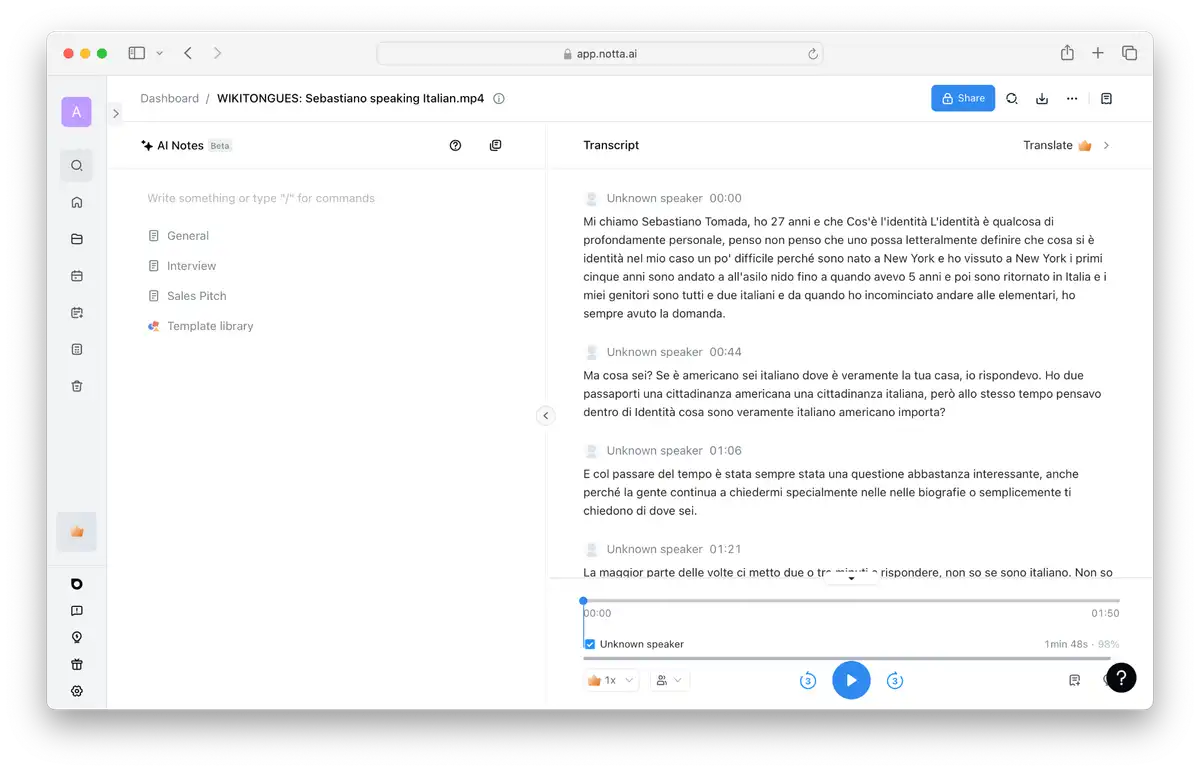 Notta italian transcription interface