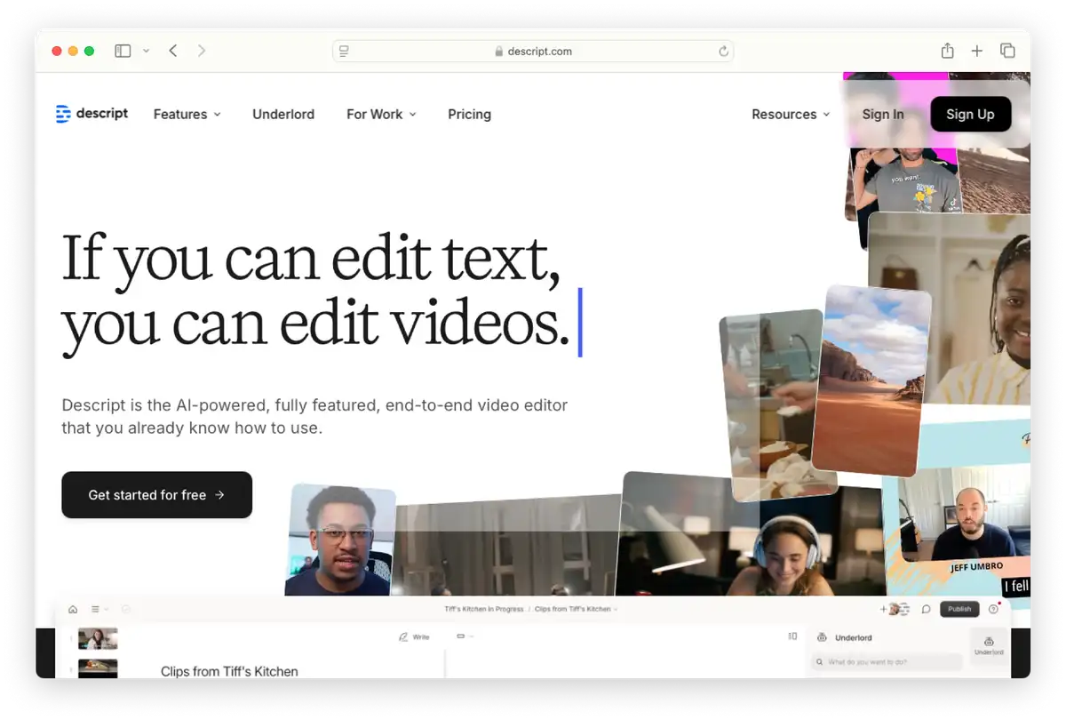 screenshot of Descript landing page