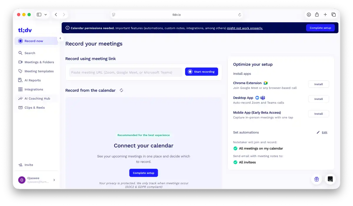 Tldv new recording page