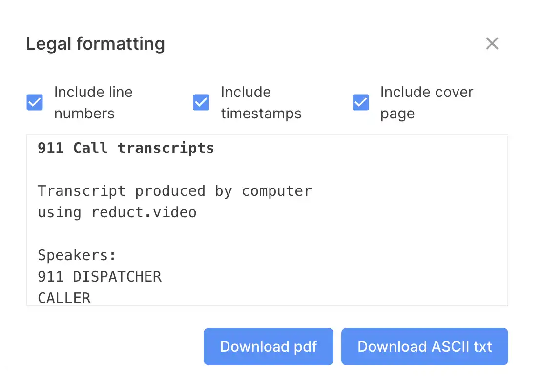 Screenshot showing Reduct's legal format transcript export options