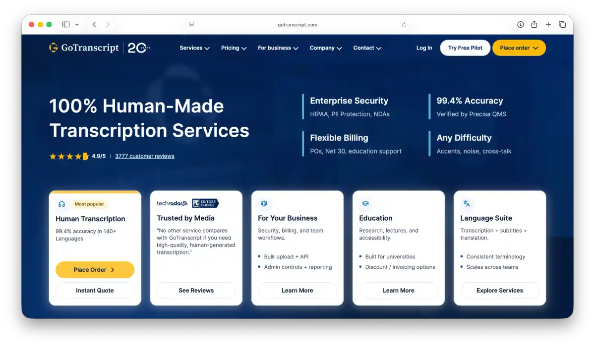 GoTranscript landing page
