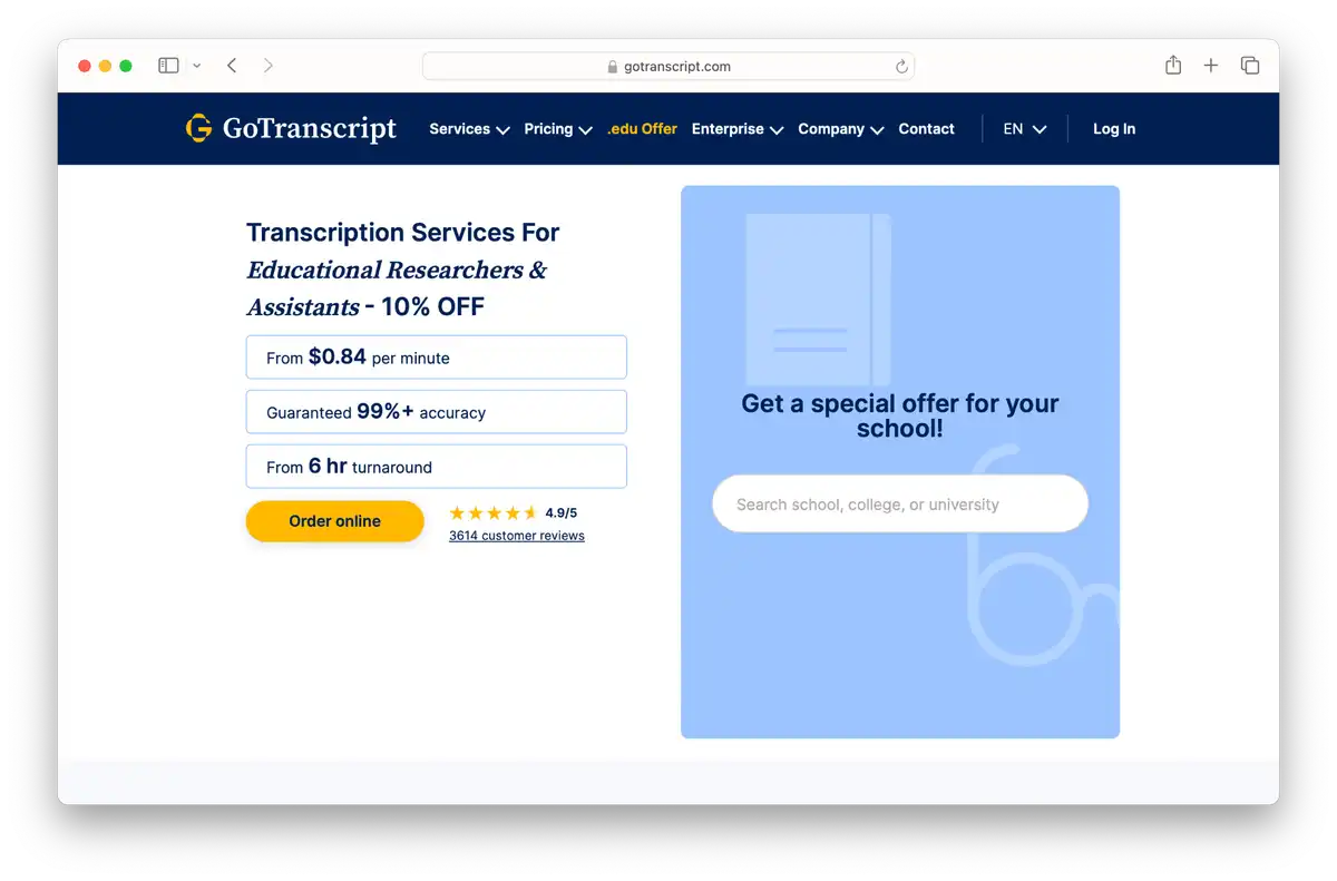 Screenshot of GoTranscript's landing page