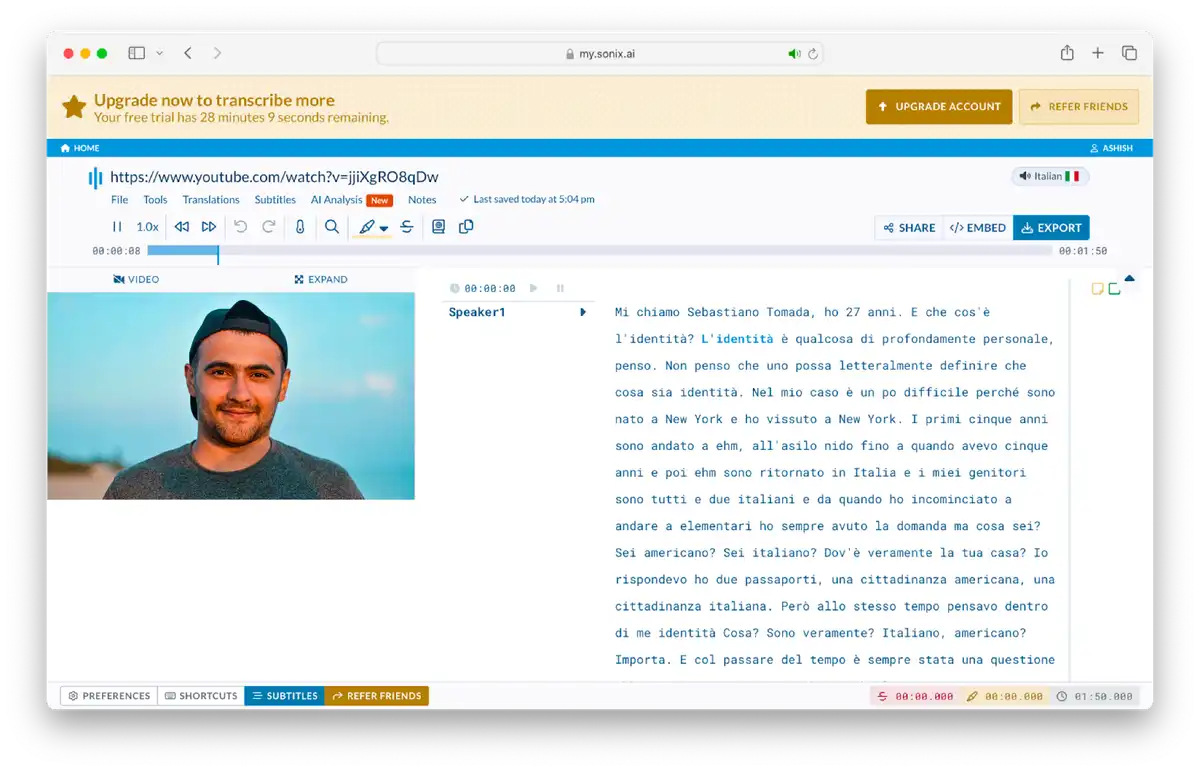 Sonix italian transcription interface