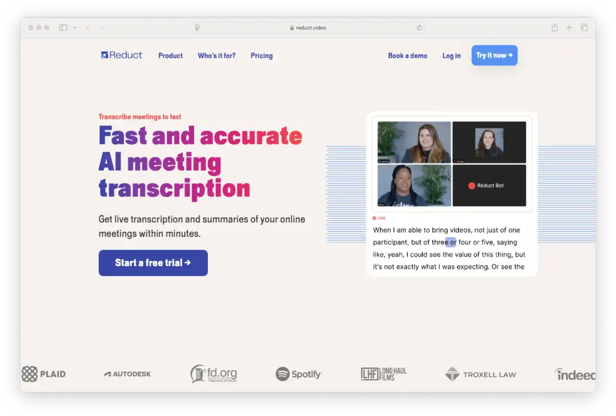 Screenshot of Reduct landing page