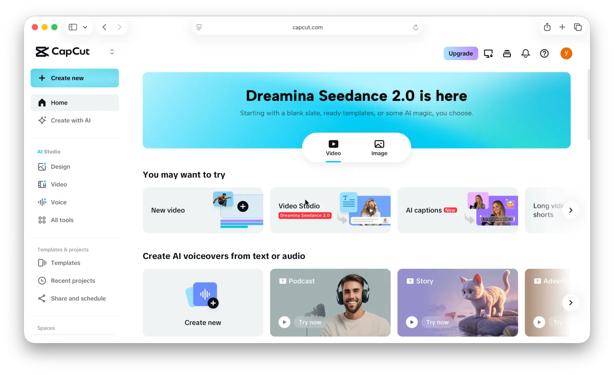 An image of CapCut home page.