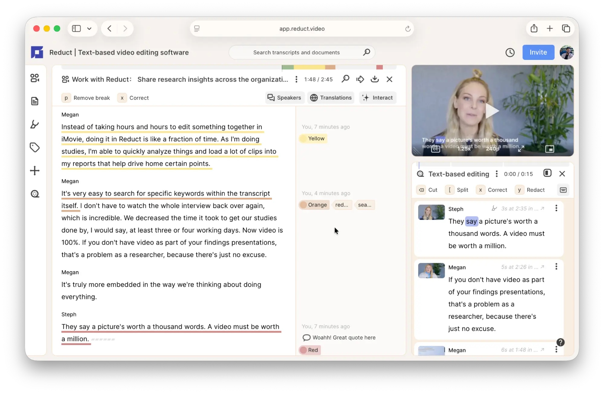 An image of Reduct.Video showing the transcription and edit features.