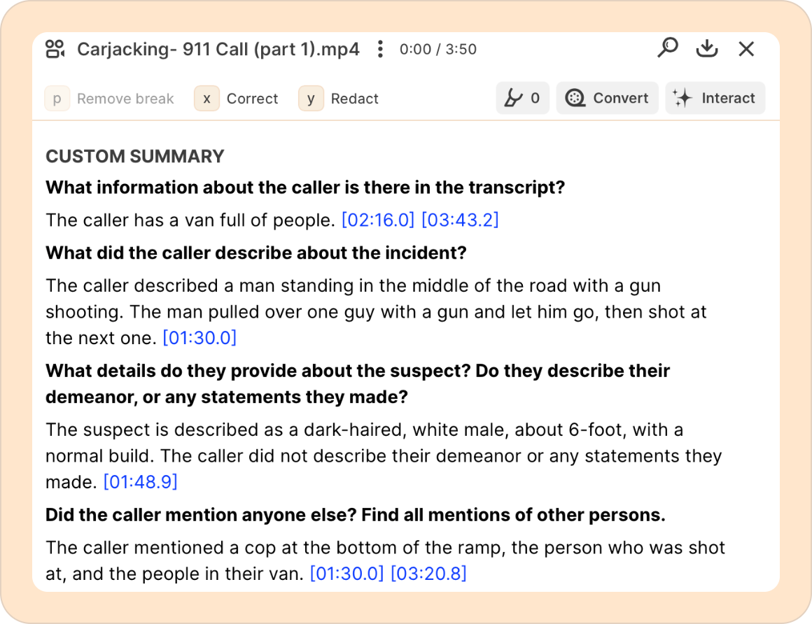 What custom summary of a 911 call looks like in Reduct