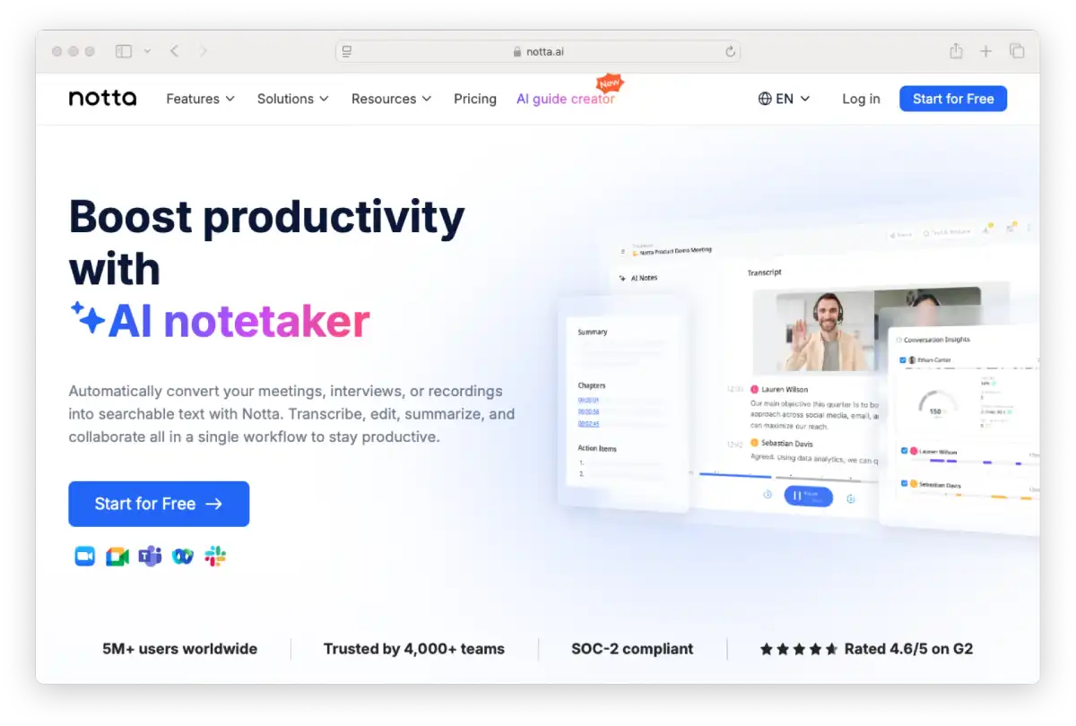 screenshot of Notta landing page