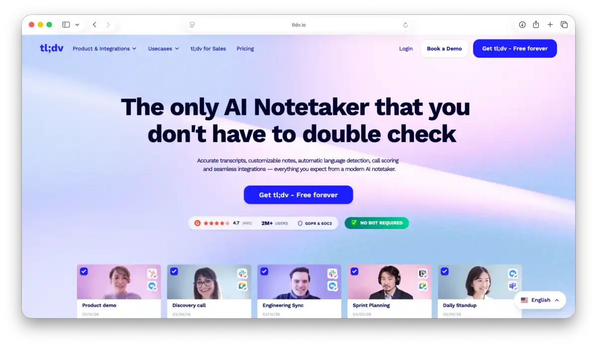 screenshot of landing page of TLDV