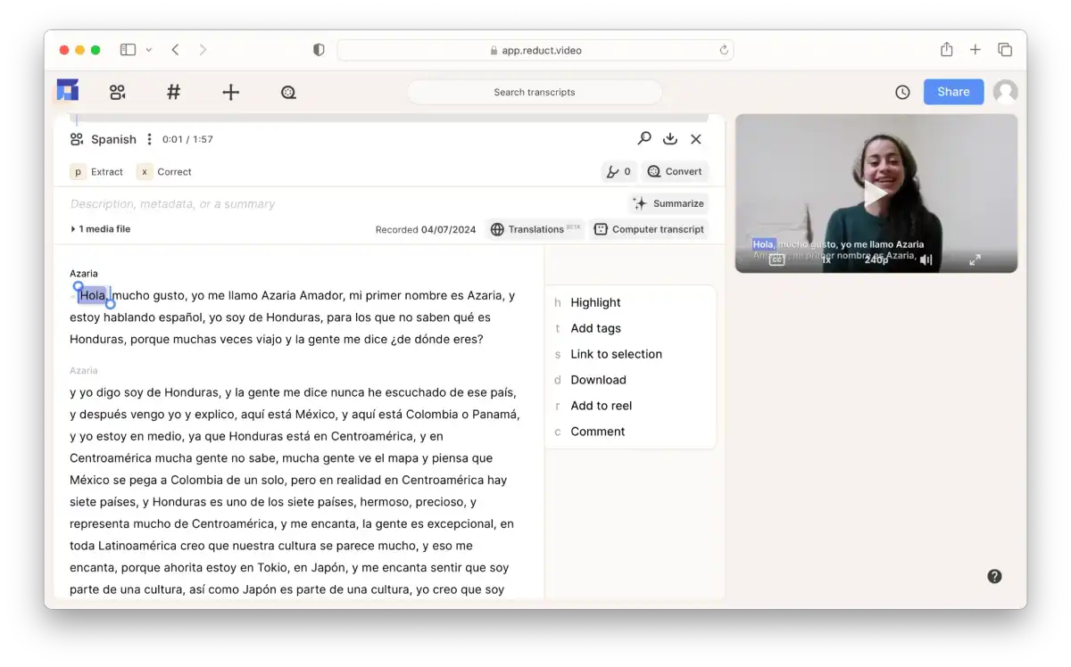Screenshot of Reduct's Spanish Transcription Interface