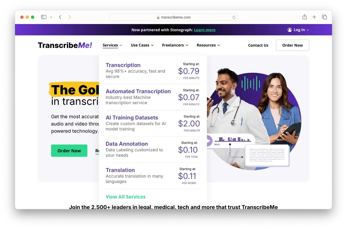 Screenshot of TranscribeMe's landing page