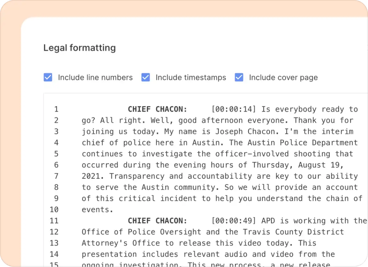 Reduct's legal formatted transcript.