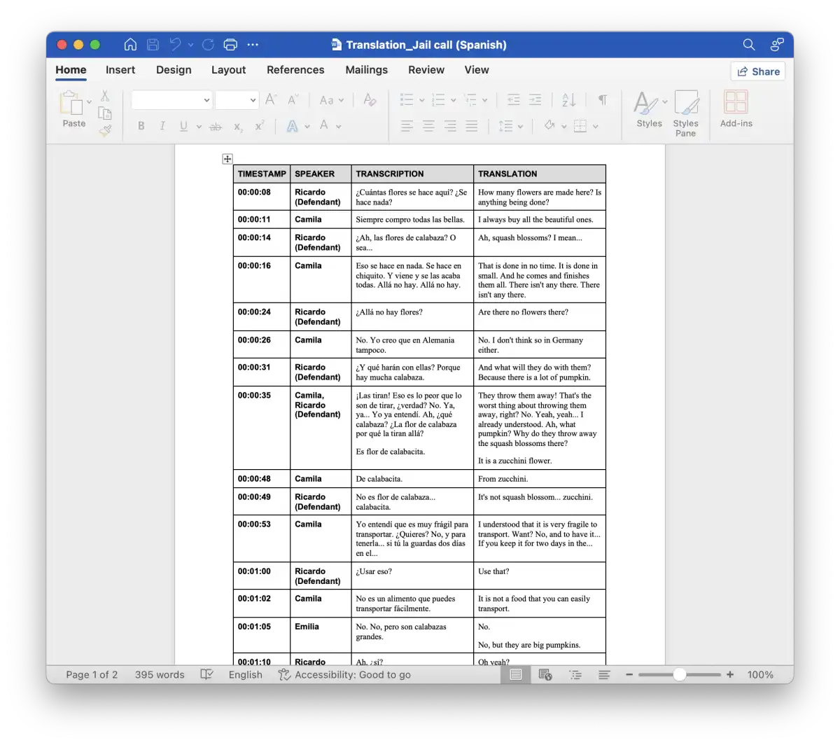 word export of side-by-side translation.