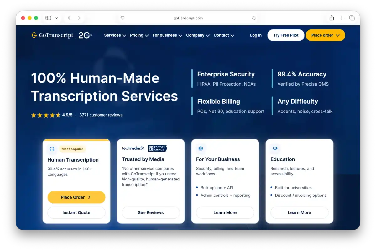 GoTranscript human transcription landing page