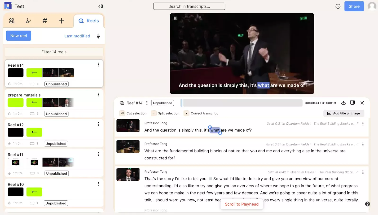 Snapshot of Reduct's machine-generated transcript in sync with the cc in video