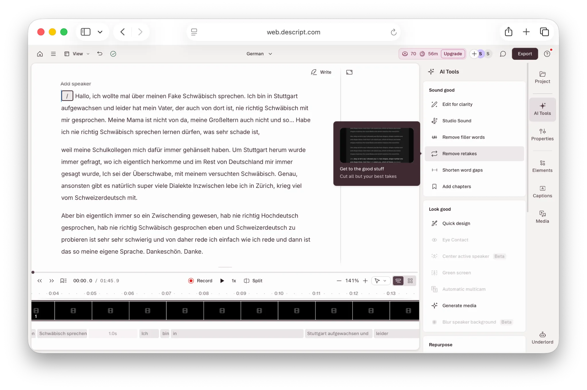 The german transcription interface in Descript