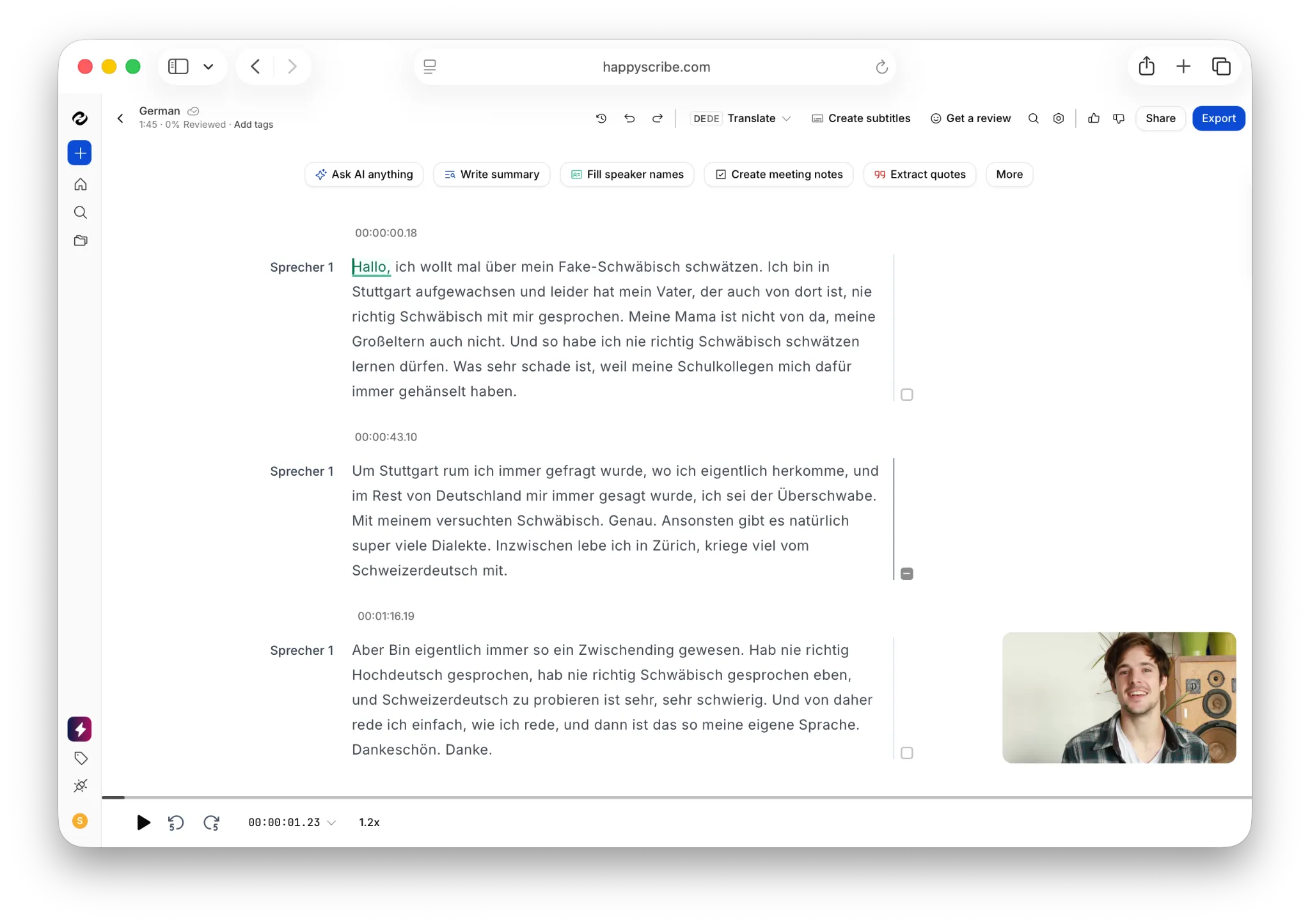 The german transcription interface in HappyScribe