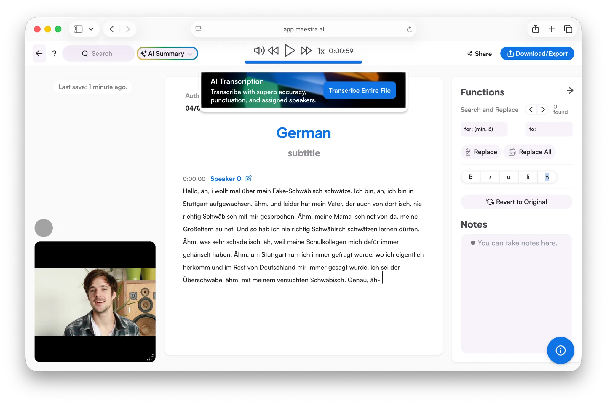 The german transcription interface in Maestra