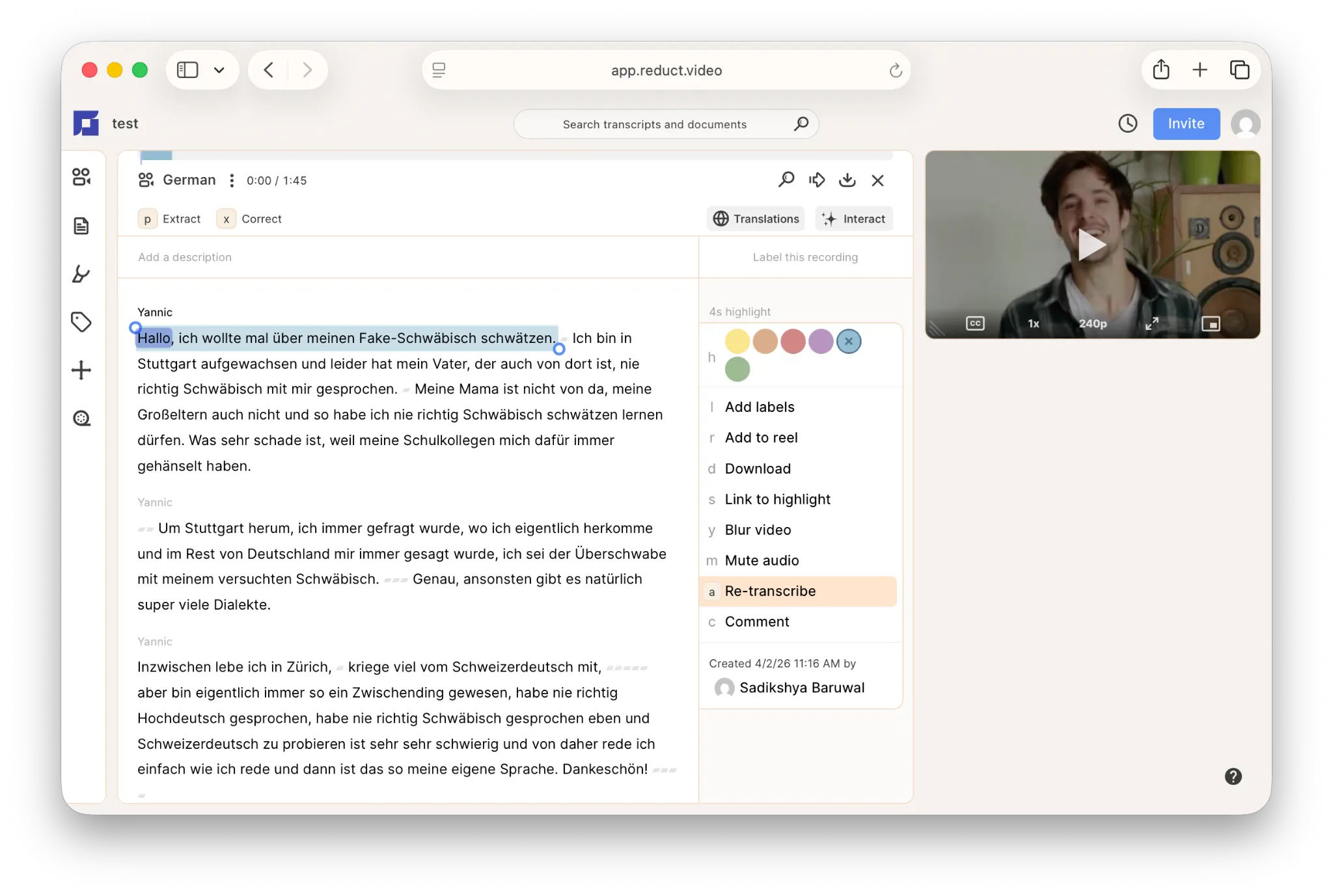 The german transcription interface in Reduct