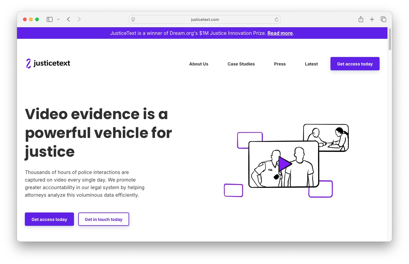 Screenshot of JusticeText's Landing Page