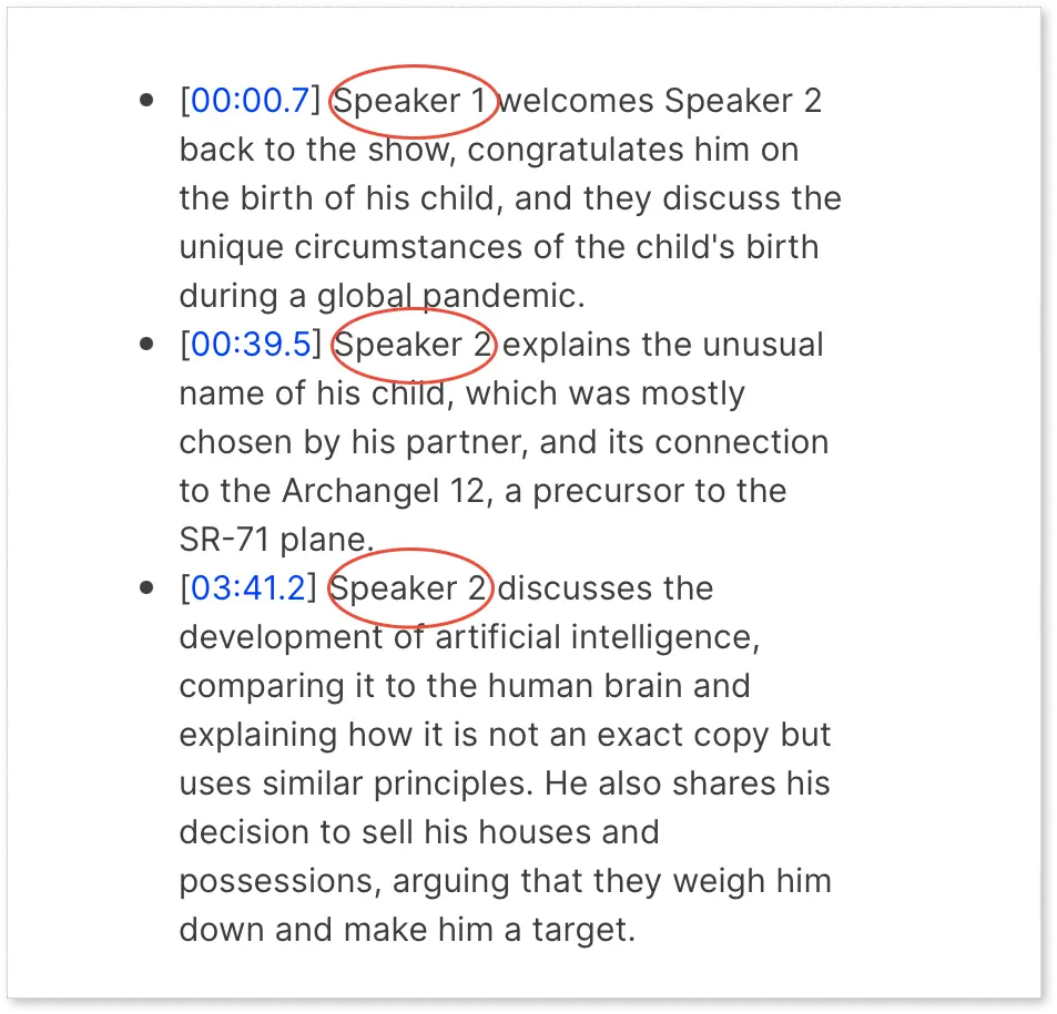 Snapshot of speaker labels generated by AI video summarizer.