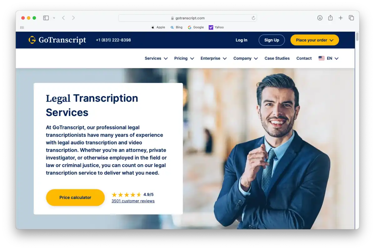 Screenshot of GoTranscript's Legal landing page