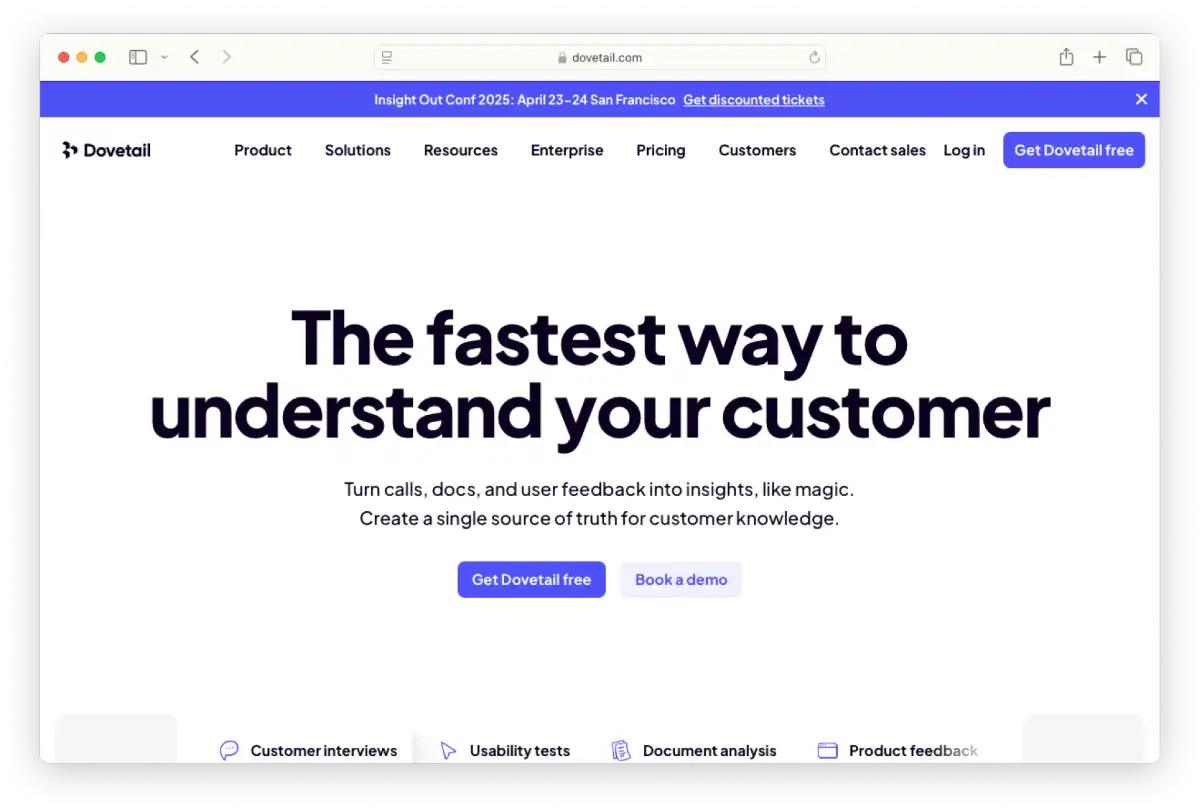 screenshot of Dovetail landing page