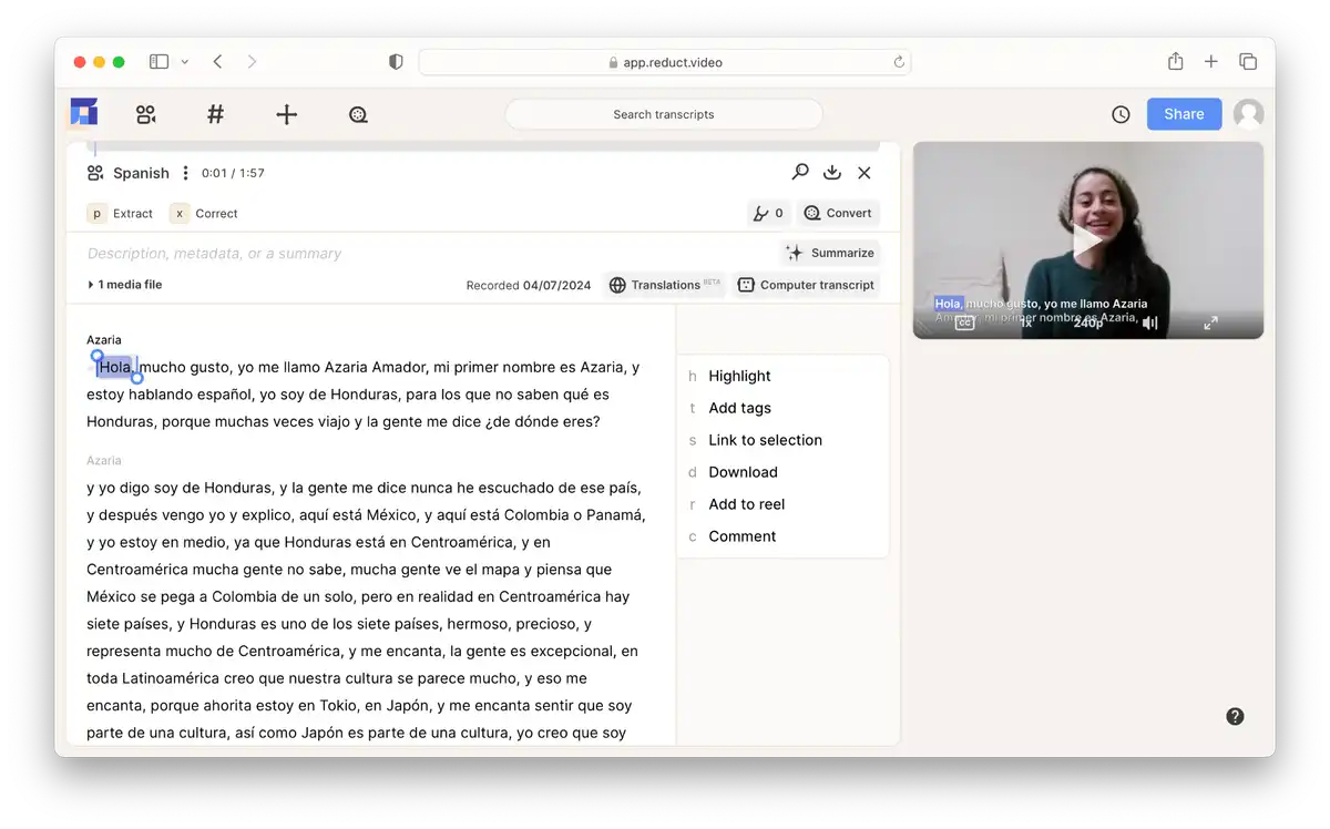 Screenshot of Reduct's Spanish Transcription Interface