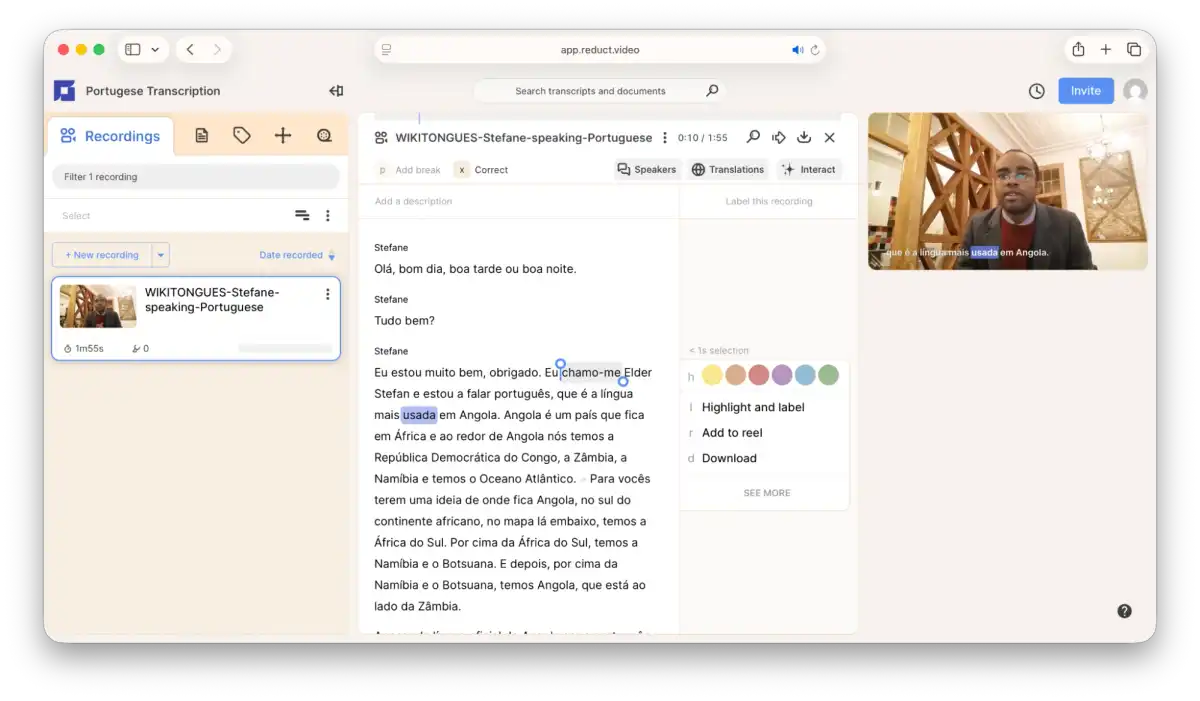 Reduct.Video transcript interface