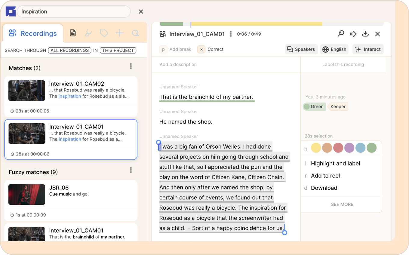 the search results UI in Reduct