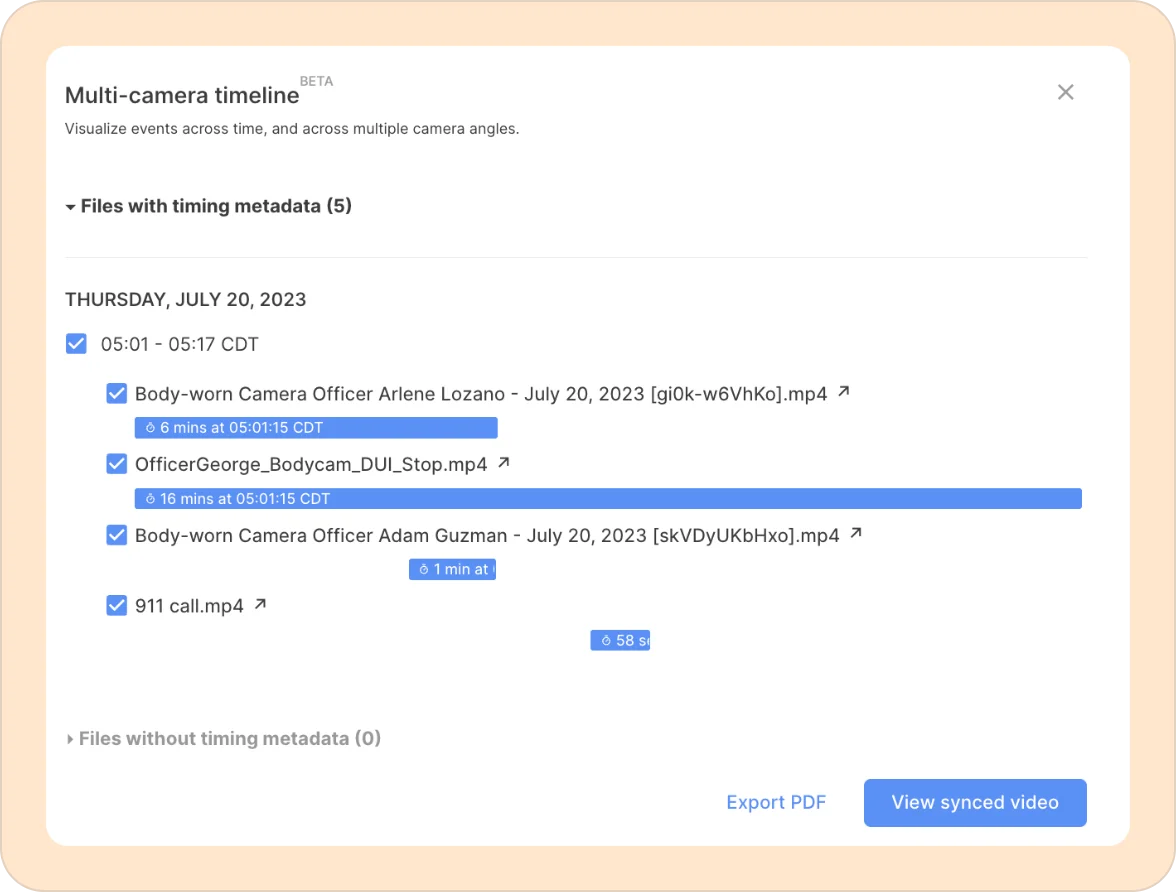 Timeline view of multiple recordings across an incident