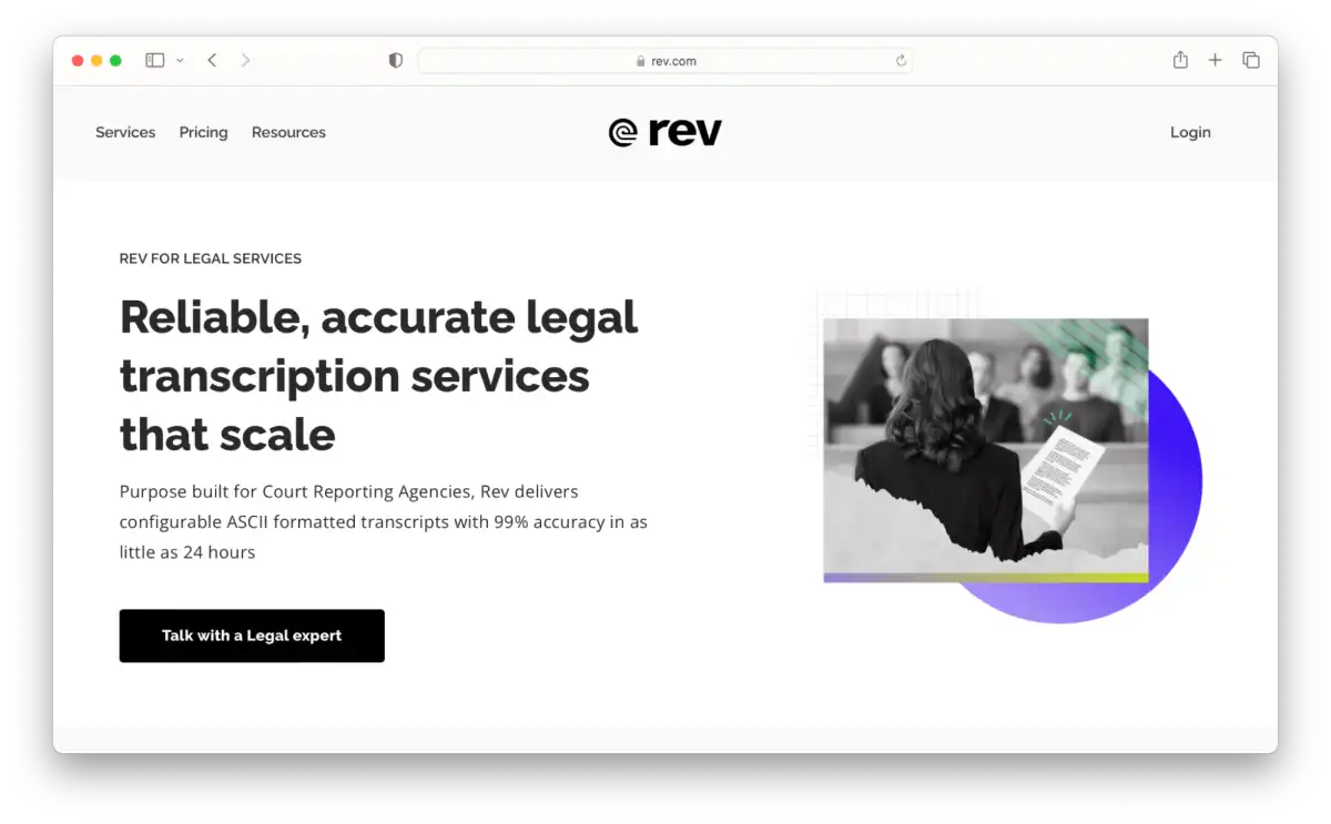 Screenshot of Rev's Legal Landing Page