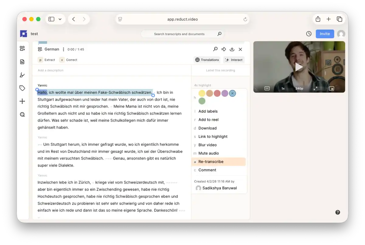 The german transcription interface in Reduct