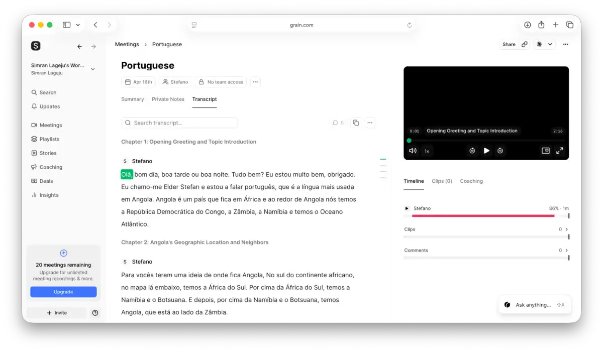 Grain transcript interface