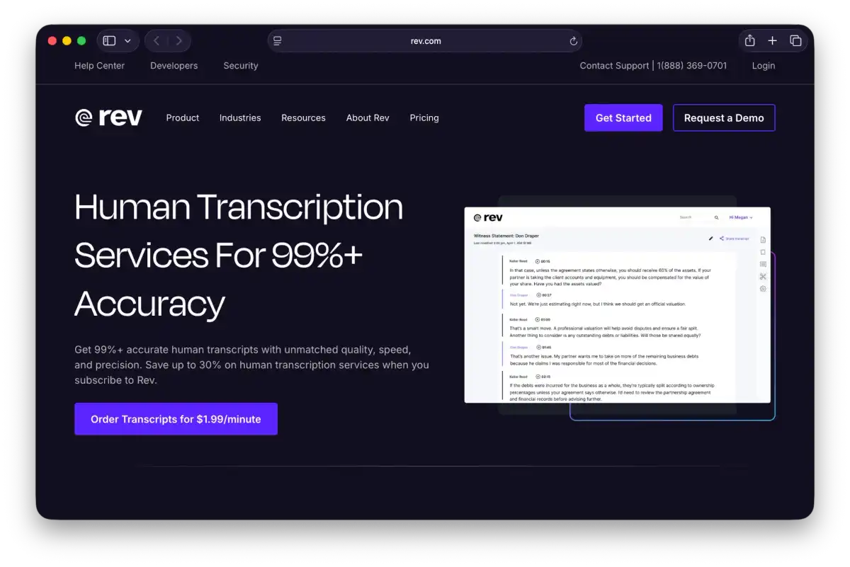 Rev human transcription landing page