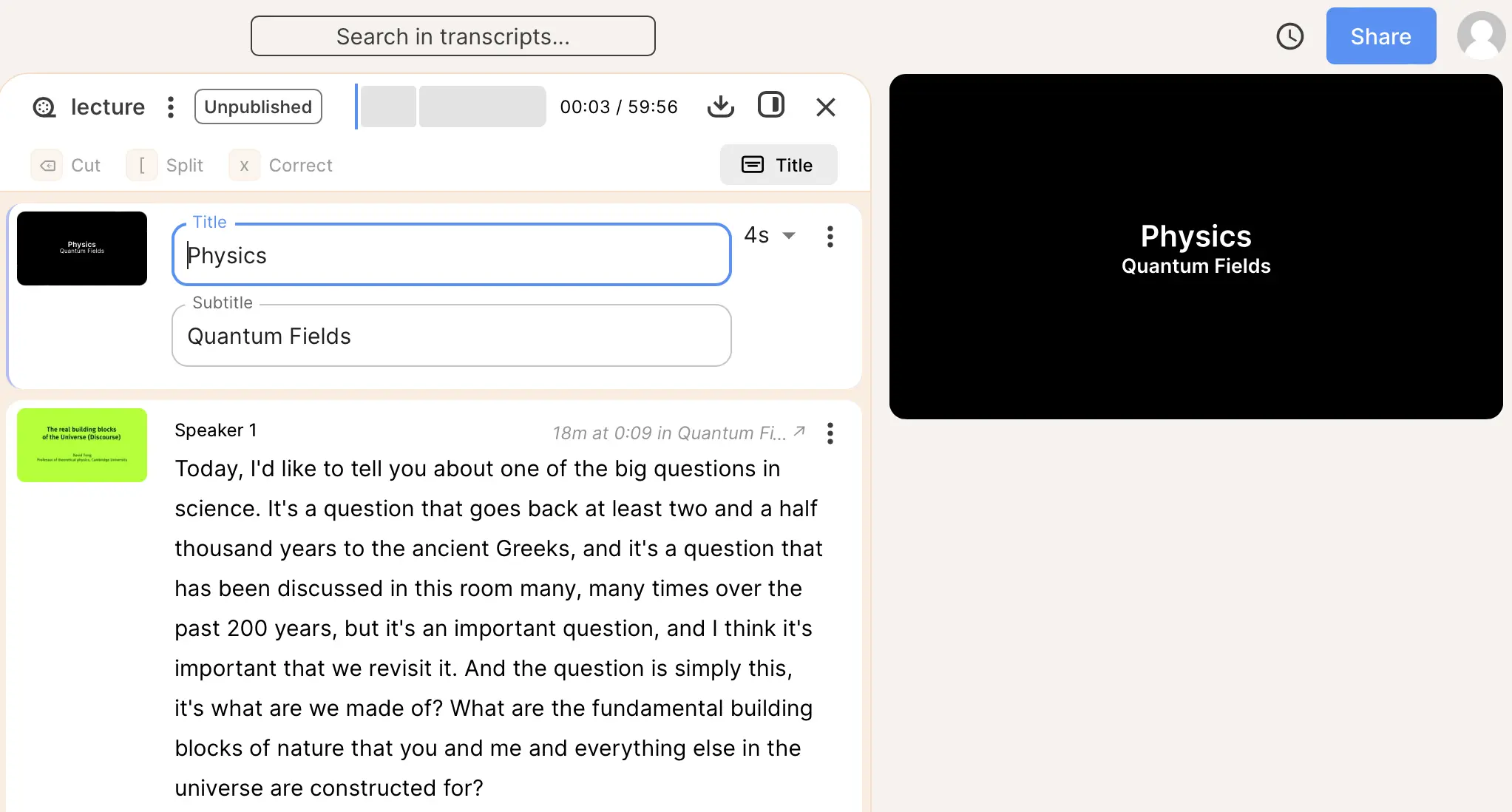 Snapshot of Reduct's 'title slides' screen