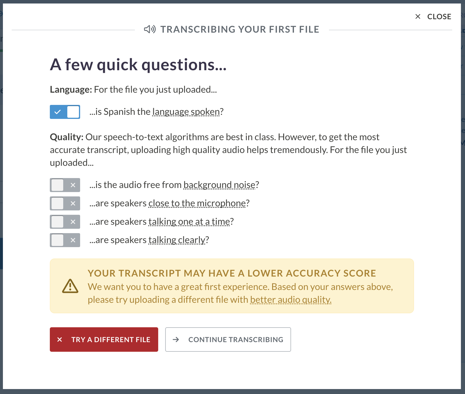 Translation quality warning popup in Sonix