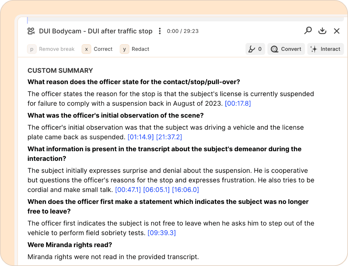 DUI bodycam custom summary template
