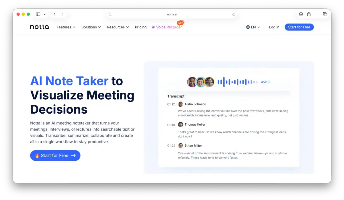 screenshot of Notta homepage.
