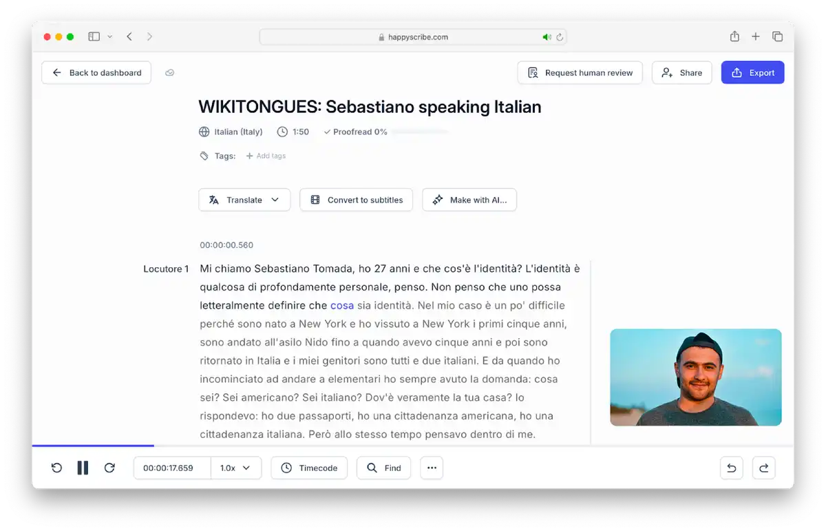 Happy Scribe italian transcription interface