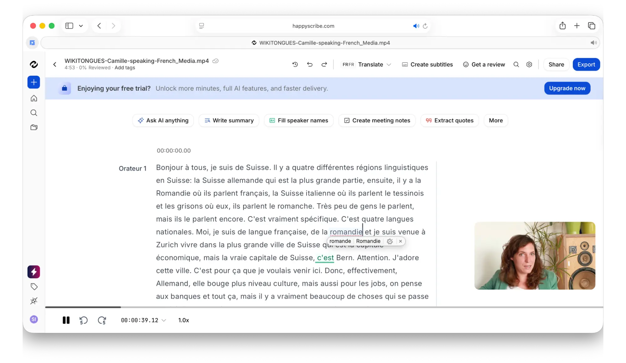 the french transcription interface in Happyscribe