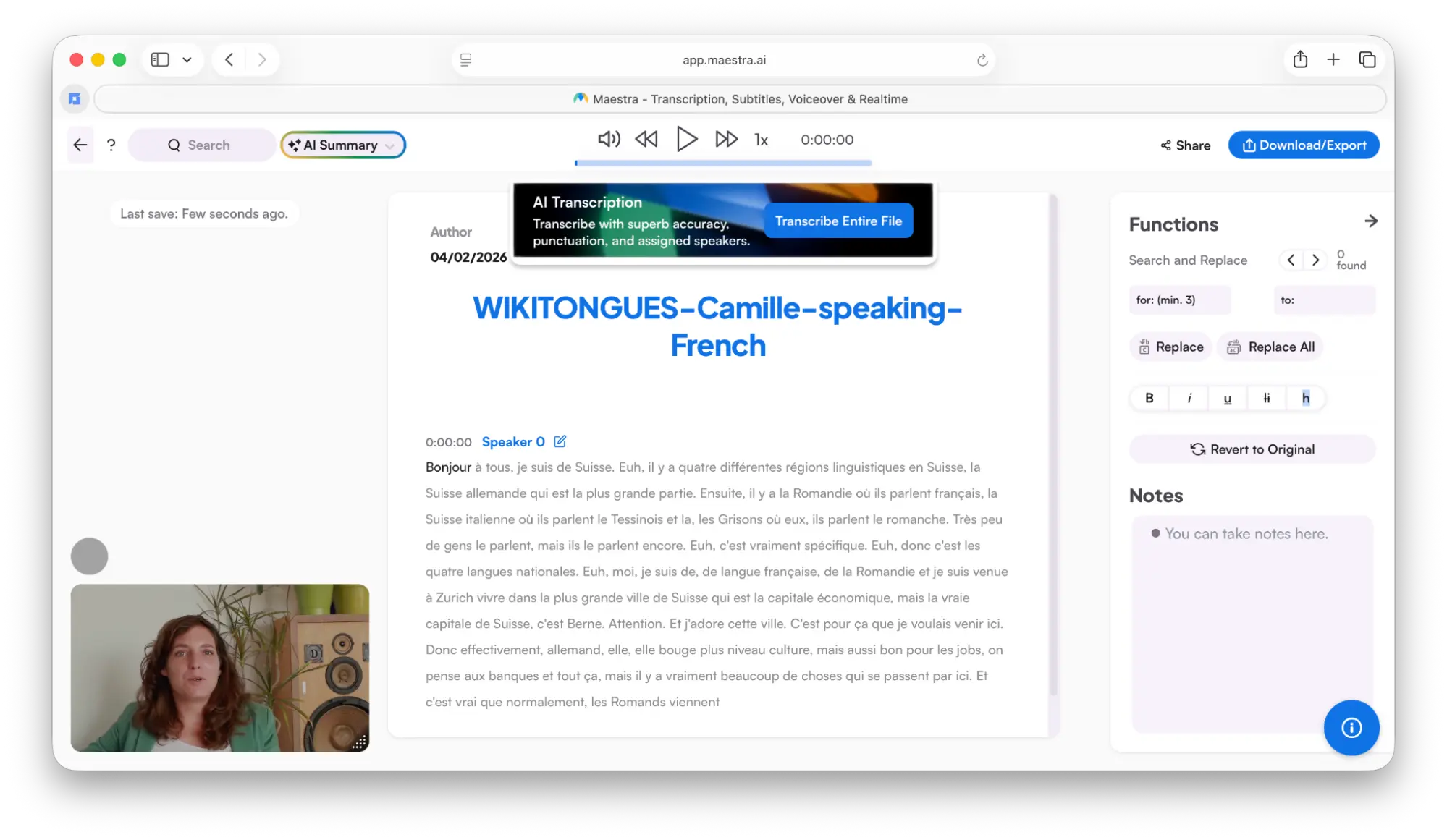 the french transcription interface in Maestra